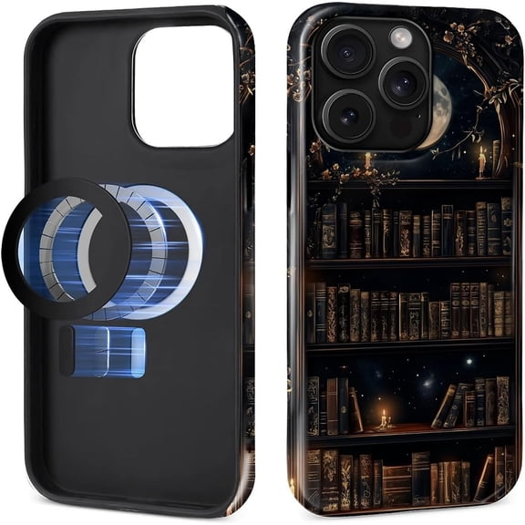 Magnetic Case for iPhone 15 Plus Design, Compatible with MagSafe, Slim Protective Soft TPU Bumper Phone Cover Women Girls Case for iPhone 15 Plus-Dark Gothic Bookshelf Moon