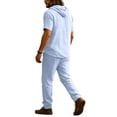 thumbnail image 5 of Mens 2 Piece Linen Set Summer Beach Short Sleeve Button Down Hooded Shirt Long Pant Vacation Casual Outfit with Short Sleeve Button-Up Top and Relaxed Long Pants Light Blue L, 5 of 6