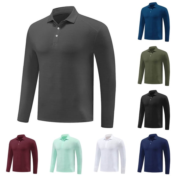 Eltusu Men's Polo Shirts, Lapel Collar Pullover Stretch Button Long Sleeve Shirts Gray Size M-3XL