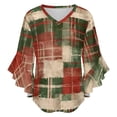 thumbnail image 5 of Grunge Distressed Christmas Plaid Women's V-Neck Blouse With 3/4 Ruffled Bell Sleeves Casual Top Ladies Blouses, 5 of 7