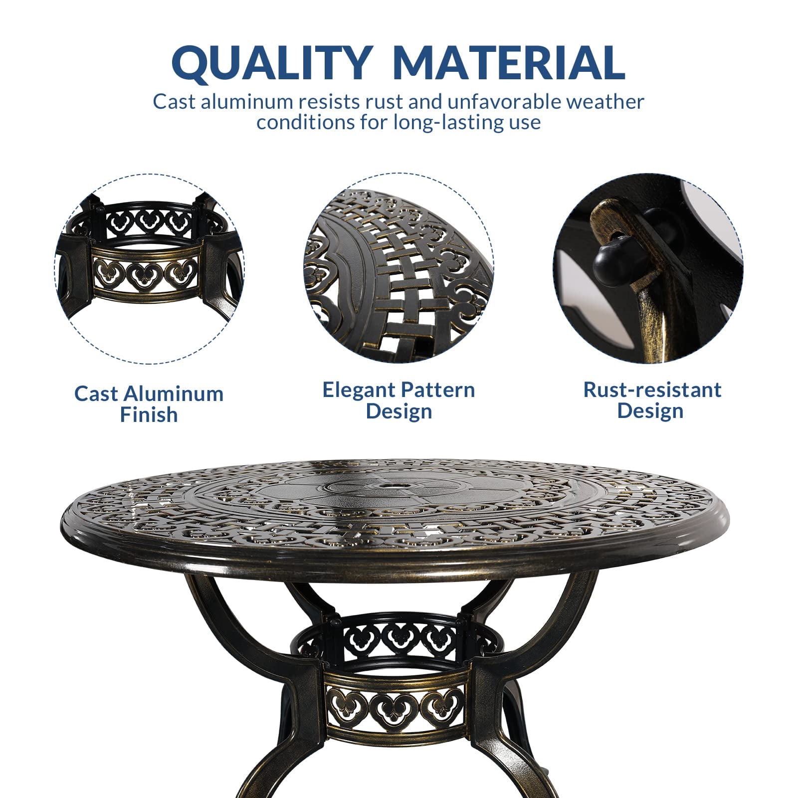 SOCIALCOMFY 5-Piece Outdoor Patio Dining Set, All-Weather Cast Aluminum Furniture Conversation Set, Include 4 Chairs and a 38.5 inch Round Table with Umbrella Hole for Balcony, Lawn, Garden, Backyard