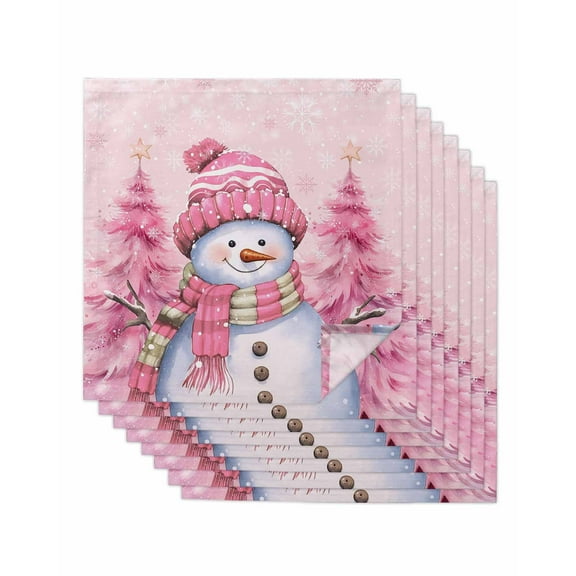 Pink Snowman Christmas Cloth Napkins Washable Set of 8, Xmas Tree Winter Snowflake Pink Reusable Dinner Table Napkins Cloth Bulk for Weddings Kitchen Restaurants Hotel Events Parties 20 x 20 Inch