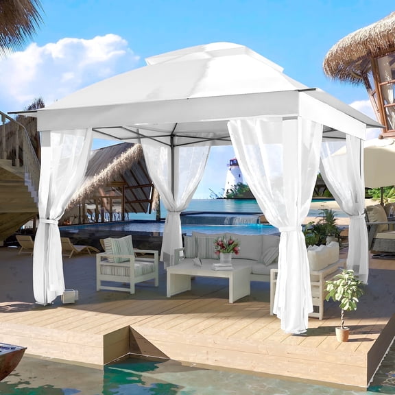 Meetleisure 11'x11' Pop Up Gazebo for Patios, Outdoor Canopy Tent with Sidewalls, Mosquito Netting, Pop Up Shelter for Wedding Party, White