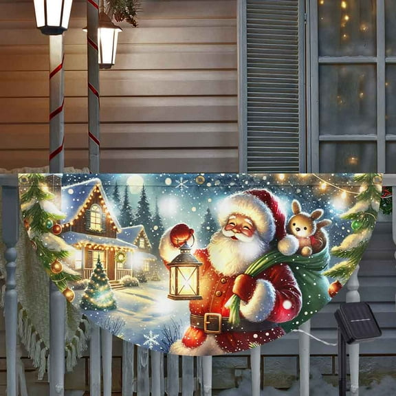 FLAGWIX Christmas Joyful Santa Claus Holding Glowing Lantern Winter Xmas Holiday Solar Led Fan Flag TQN4272SL - USA Flags Decor Indoor Outdoor