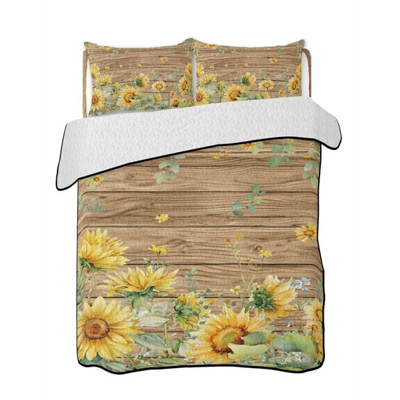 Quilts Full Size Bedding Set, Sunflower Lightweight Quilted Comforter, Summer Eucalyptus Botanical Floral Brown Wooden Soft Reversible Bedspread Coverlet with Pillow Covers for All Season, 78" x 90"