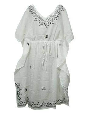 Mogul Womens White Cotton Maxi Kaftan Kimono Caftan Night Gown Dress L