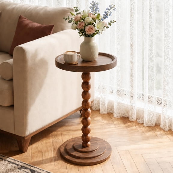 HDUTNGISN Round Side Table for Small Spaces,Modern Coffee End Table with Soild Wood Leg,Anthropologie Furniture,Solid wood,Brown
