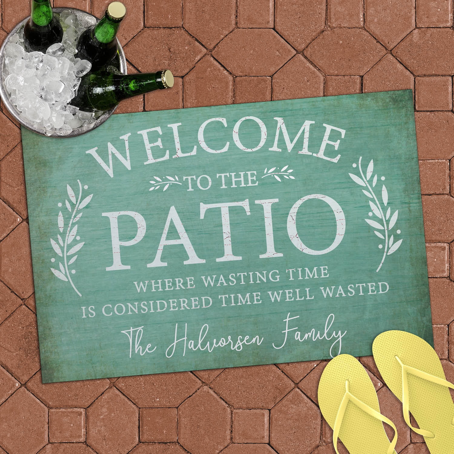 Personalized Planet 27x18 Welcome To The Patio Where Wasting Time is Considered Time Well Wasted Doormat with Custom Name Printed on Blue Rectangular 1/4” Thick Non Slip Mat