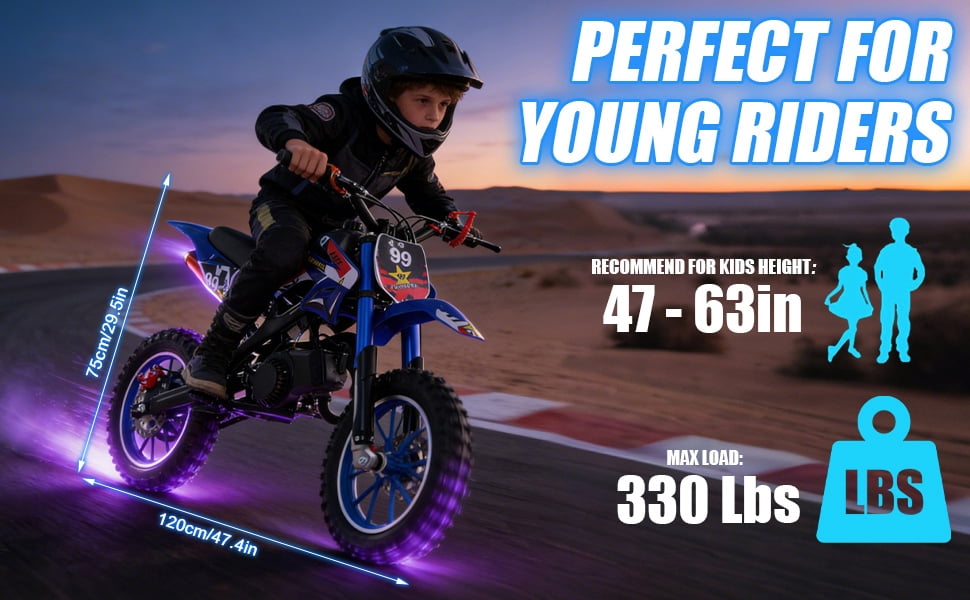 Korogimeeet 49cc 2-Stroke Blue Mini Motocross, Gas Powered Off-Road Bike, Inverted Hydraulic Shock Absorption, 10 Inch Tires, 40KM/H Max Speed, 1.8L Fuel Tank, 150kg Load, 47 x 30 Inch