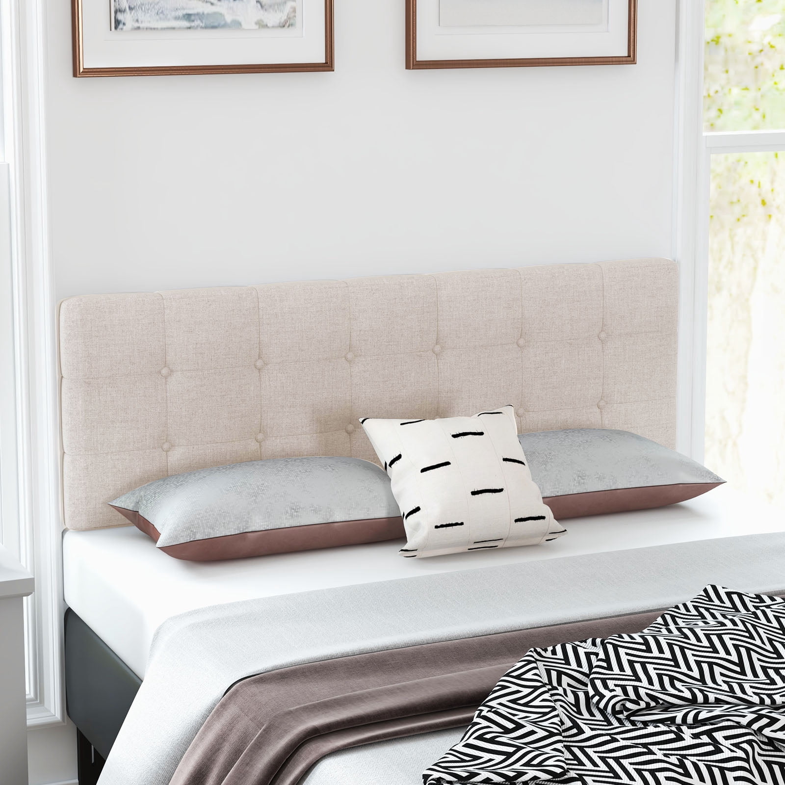 Infans Full/Queen Size Headboard Linen Fabric Upholstered Button Tufted Solid Wood Leg
