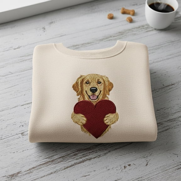 Golden Retriever Embroidered Sweatshirt, Cute Dog Holding Heart Embroidery Shirt, Adorable Puppy Crewneck, Valentine Dog Lover Gift