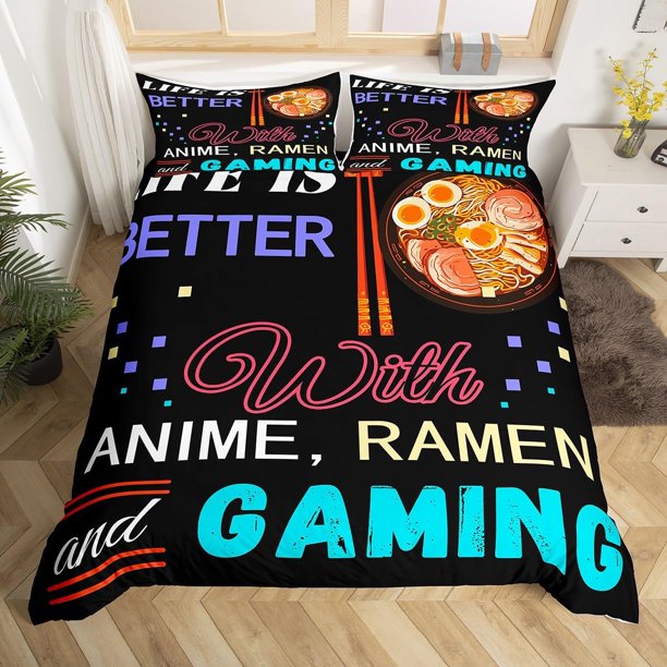 Juego de cama Queen, funda nórdica Ramen japonés para niños tema de la comida edredón