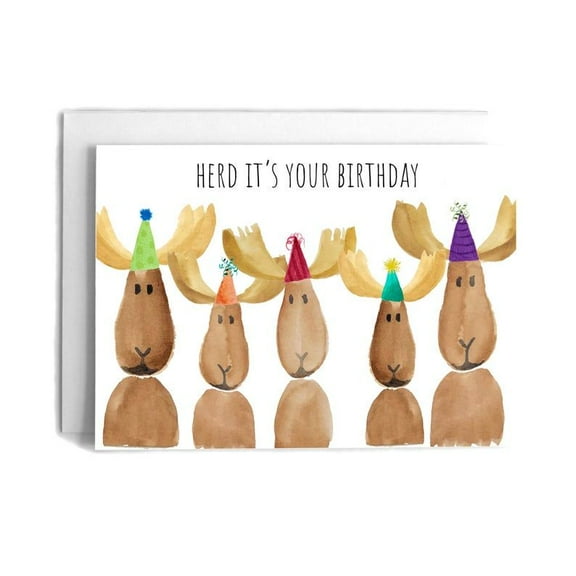 Herd It's Your Birthday Card – Adorable Moose Characters with Party Hats – Blank Inside for Personal Wishes – Perfect for Birthday Celebrations