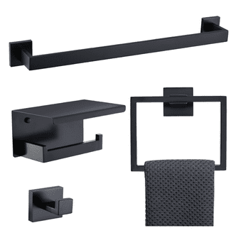 Matte Black Bathroom Hardware Set - 4-Piece (24" Towel Bar, Towel Ring, Hook, TP Holder With Shelf) Stainless Steel, Wall Mounted