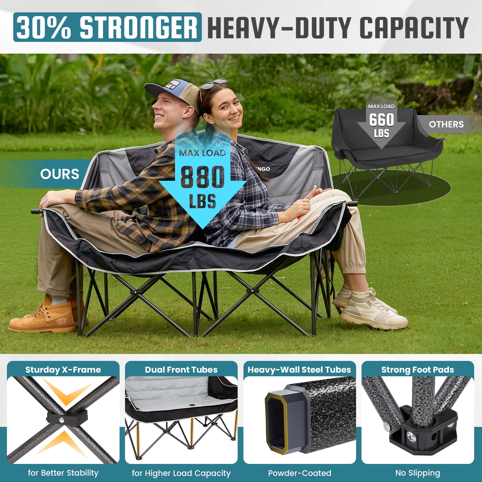 FUNDANGO Oversized Fully Padded 2 Person Loveseat Chair, Folding Double Camping Chair for Adults, Heavy Duty Outdoor Loveseat Chair with Side Table, Portable Double Camping Couch, Black-Grey