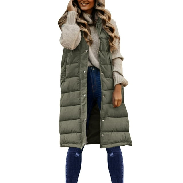 Gibobby Chaleco largo acolchado para mujer, Chalecos reversibles de forro polar para mujer, chaquetas sin mangas, chamarra con capucha para mujer, de otoño con bolsillos(AG,CH)