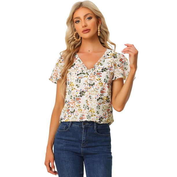Tops con cuello en V para mujer Blusa con estampado floral plisado de manga corta acampanada blanco XL