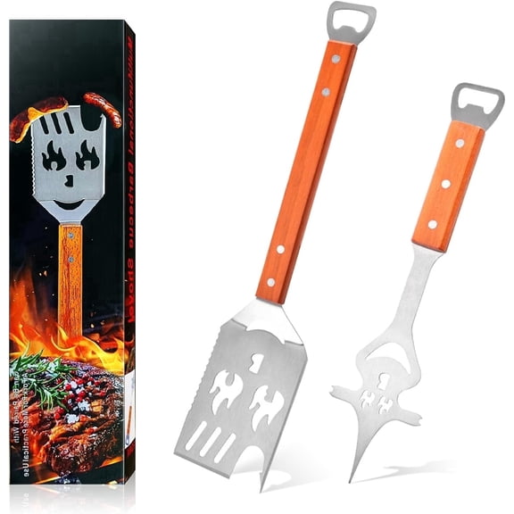 Jorunhe Grill Spatula Fork Set of 2, 16" Long BBQ Tools with Wooden Handle for Outdoor Grill