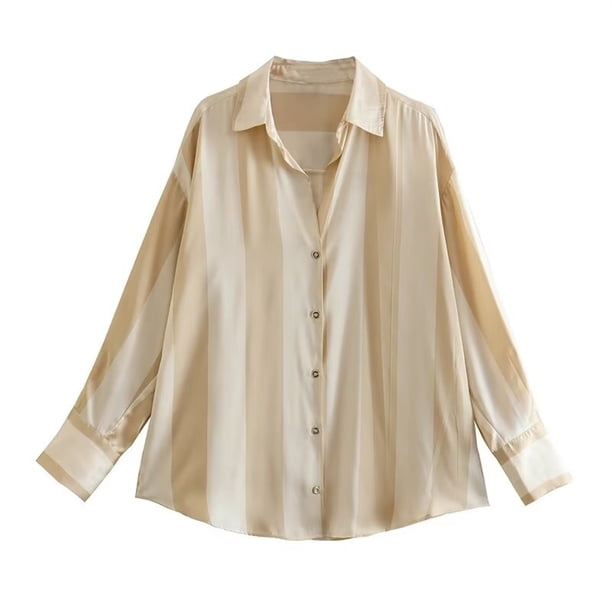 Camisa de gran tamaño a rayas for mujer, blusa de satén, camisas de manga larga con botones for camisas y blusas con cuello