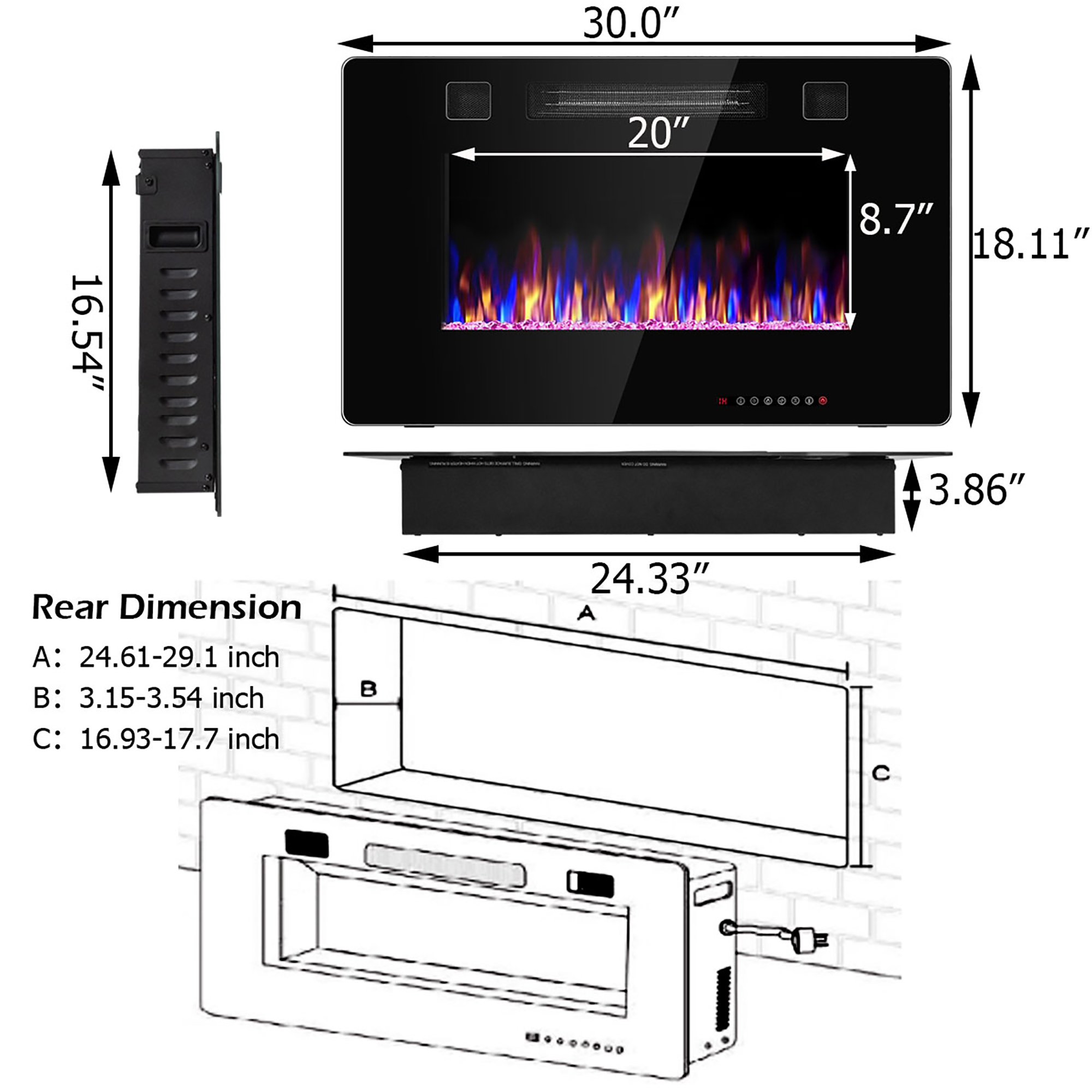 Costway 30'' Electric Indoor Fireplace Recessed Ultra Thin Wall Mounted Heater Multicolor Flame - image 4 of 9