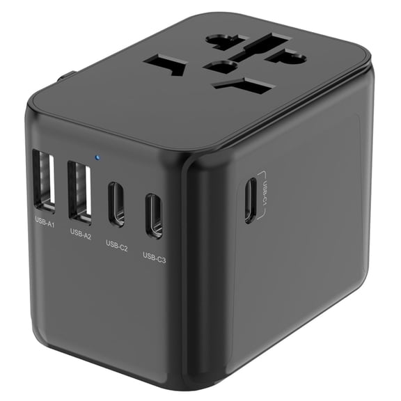 Universal Travel Adapter with 1 AC Outlet & 5 USB Ports (3C2A) for US/EU/UK/AU, Black