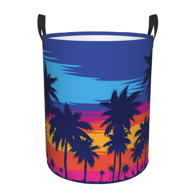 Fotbe Beach with Palm Trees Cesto de Ropa con Asas, Cesto Impermeable de Gran Capacidad, Bolsa de Lavado para Dormitorio, Cesto de Ropa con Ruedas y Asas-Small