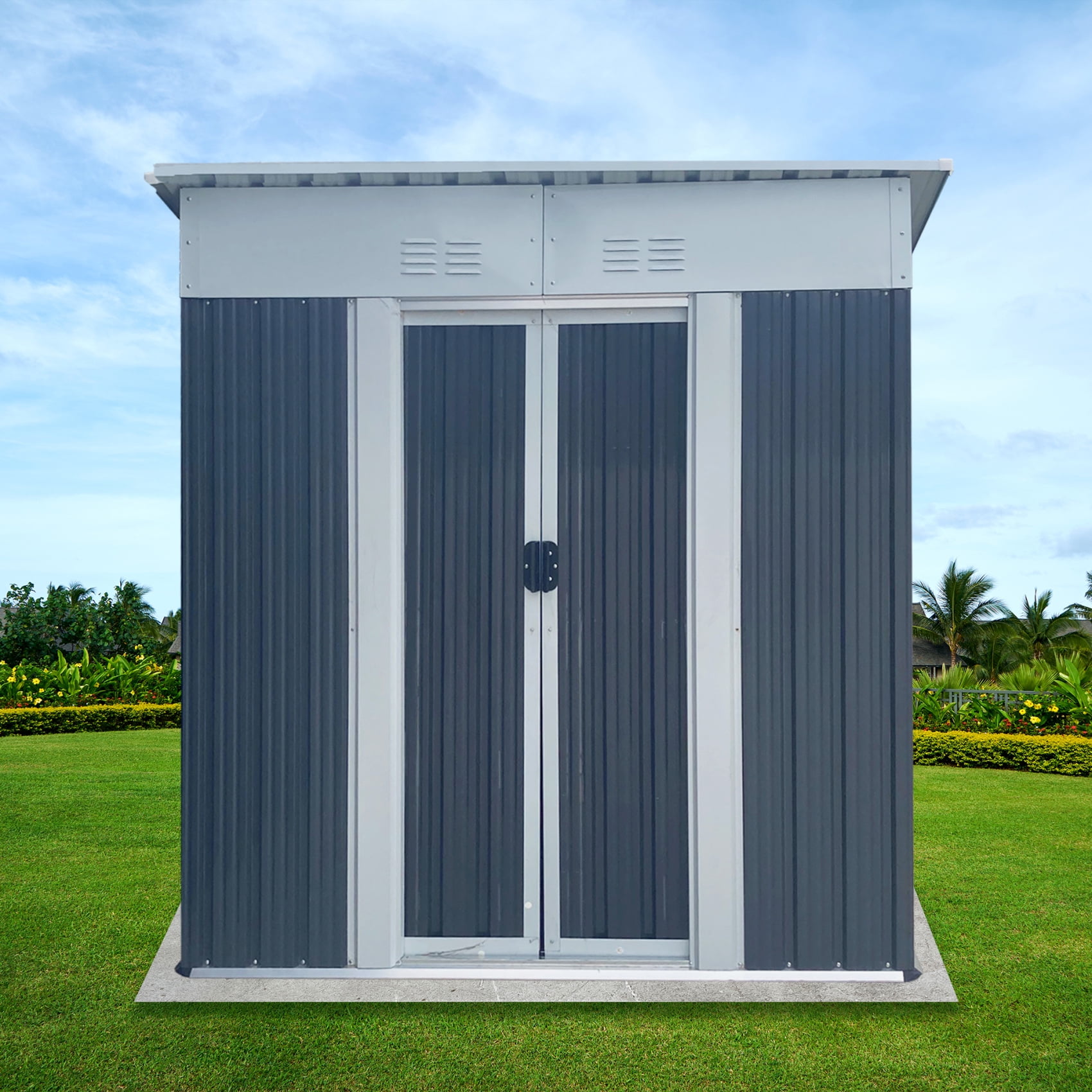 5x3 FT Outdoor Storage Shed with Lockable Door and Sliding Doors, Metal Frame Garden Shed with Sloping Roof, Vents, Waterproof Tool Shed for Backyard Patio Lawn, Vents, Grey