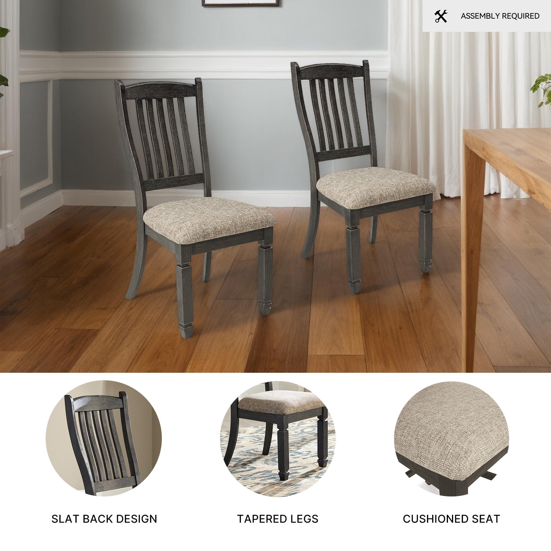 Signature Design by Ashley Tyler Creek Slat Back Dining Chairs Set of 2, Black and Grayish Brown Two-Tone Solid Wood with Cushioned Seats