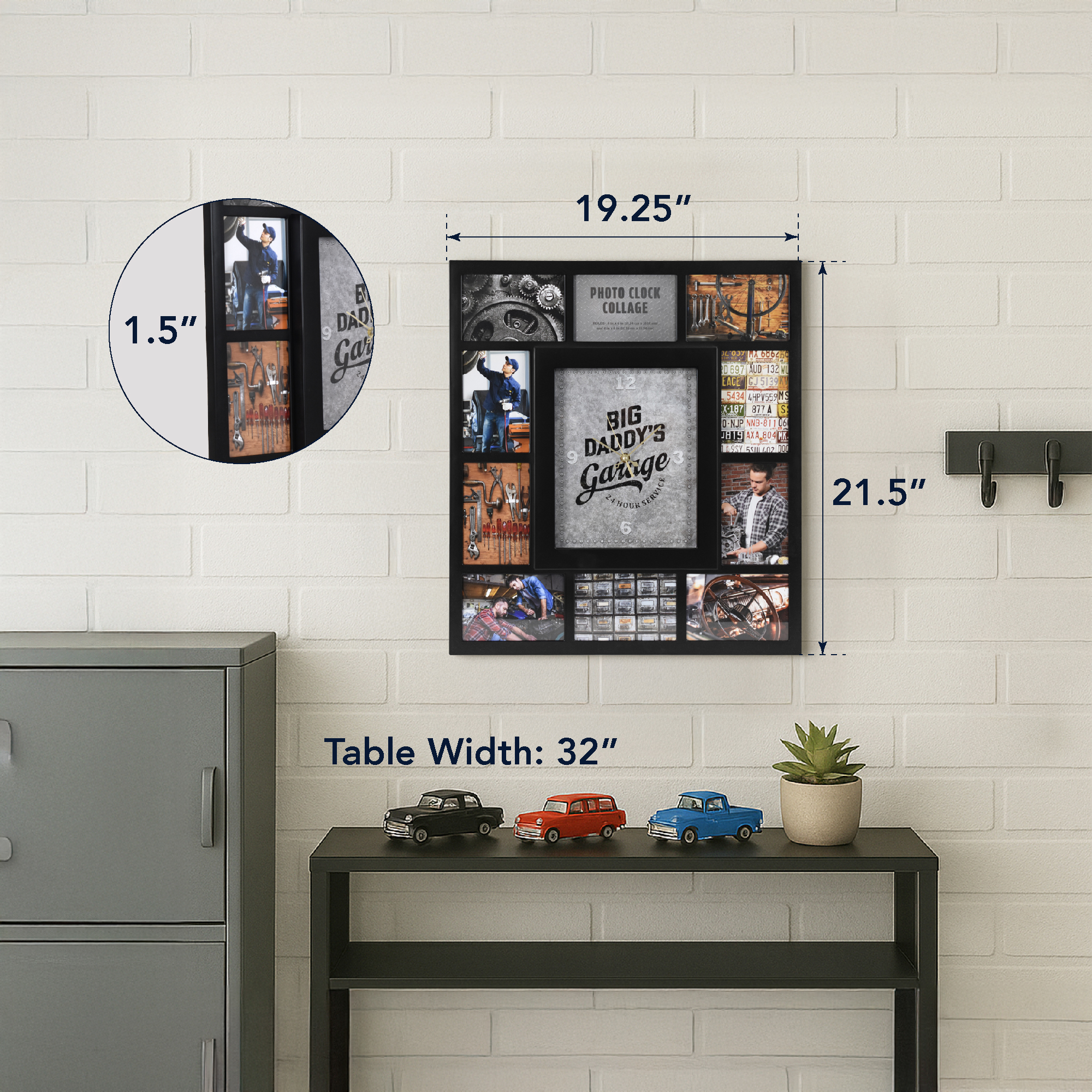 Black Picture Frame 19.25x 21.5" Big Daddy's Garage Collage Wall Clock - 10 Photo Display Slots, Man Cave Decor for Living Room, Bedroom