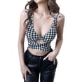 thumbnail image 1 of VISgogo, chaleco corto para mujer, tirantes divididos, cuello en V, patrón de pata de gallo, envoltura cruzada, espalda abierta, camisetas sin mangas cortas con lazo VISgogo  moda, 1 of 9