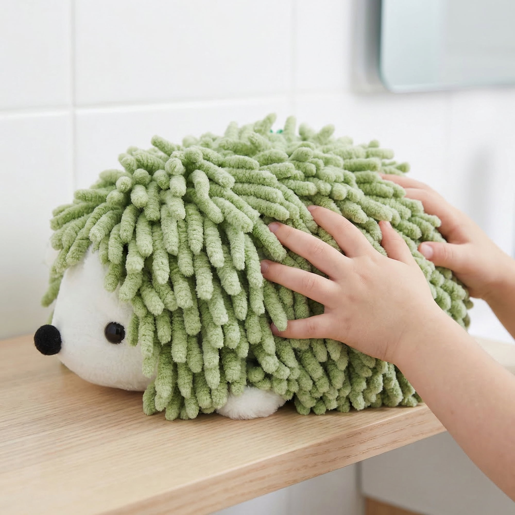 Unique Bargains Cute Animal Chenille Hanging Absorbent Hand Towel Green/Rose Red 10" x 6"