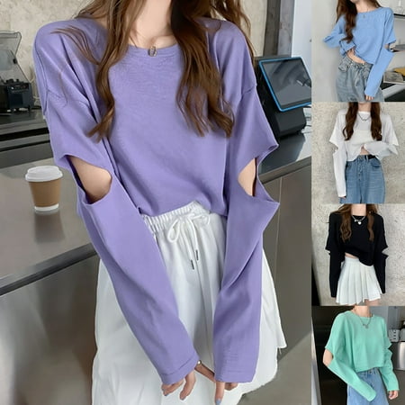 

Taluosi Fashion Women Solid Color Long Sleeve Blouse Elbow Hole Hollow Loose Shirt Top