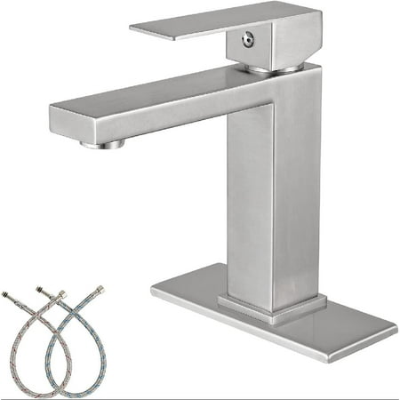 

Brushed Nickel Bathroom Sink Faucet 1 Hole Single Handle Deck Mount Lavatory Mixer Tap with Cover Plate One Lever Stainless Steel SUS304 Commercial