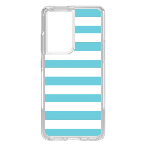 DistinctInk Clear Shockproof Hybrid Case for Galaxy S21 ULTRA 5G (6.8" Screen) - TPU Bumper, Acrylic Back, Tempered Glass Screen Protector - Blue & White Bold Horizontal Stripes