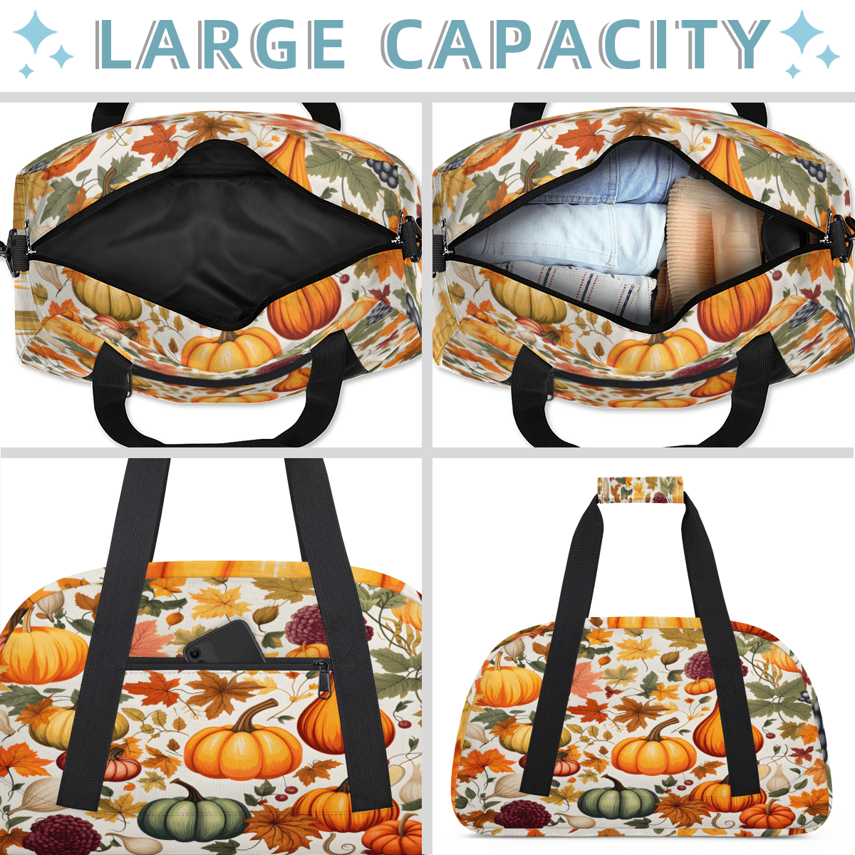 Herdesigns Fall Sports Duffle Bag for Women & Men, Thanksgiving Autumn Pumpkin Leaf Gym Bag Dance Bag Overnight Bag Carry On Weekender Travel Bag