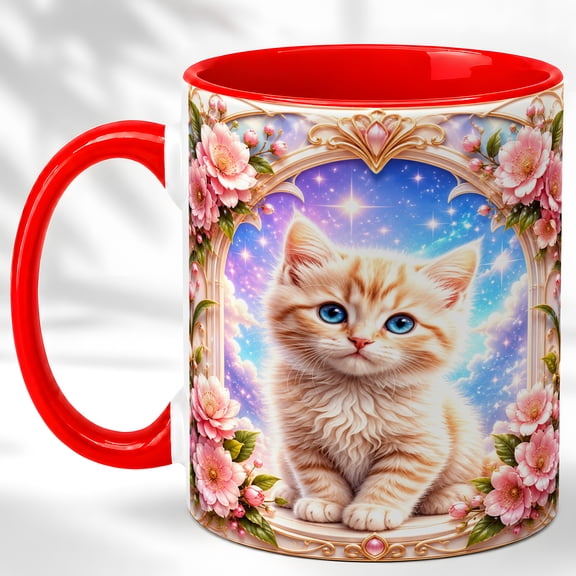 Floral Kitten Coffee Mug, Cute Cat Mug, Ceramic 11 oz