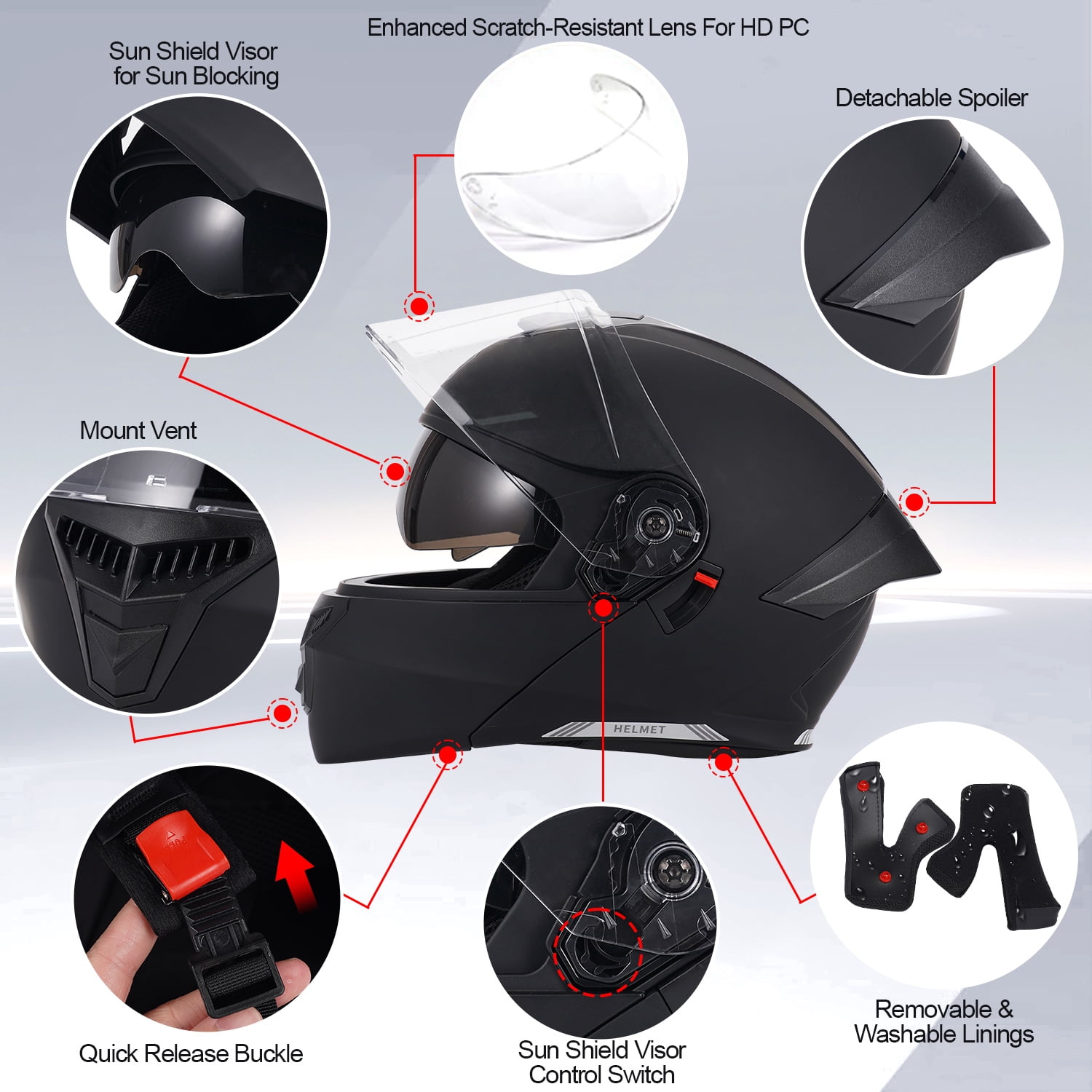 XiongXiong Motorcycle Helmets, Motorcycle Helmet Flip Up for Adults, Dirt Bike Helmet, Sun Visor Snowmobile, ATV Off Road Helmet DOT Approved, Black