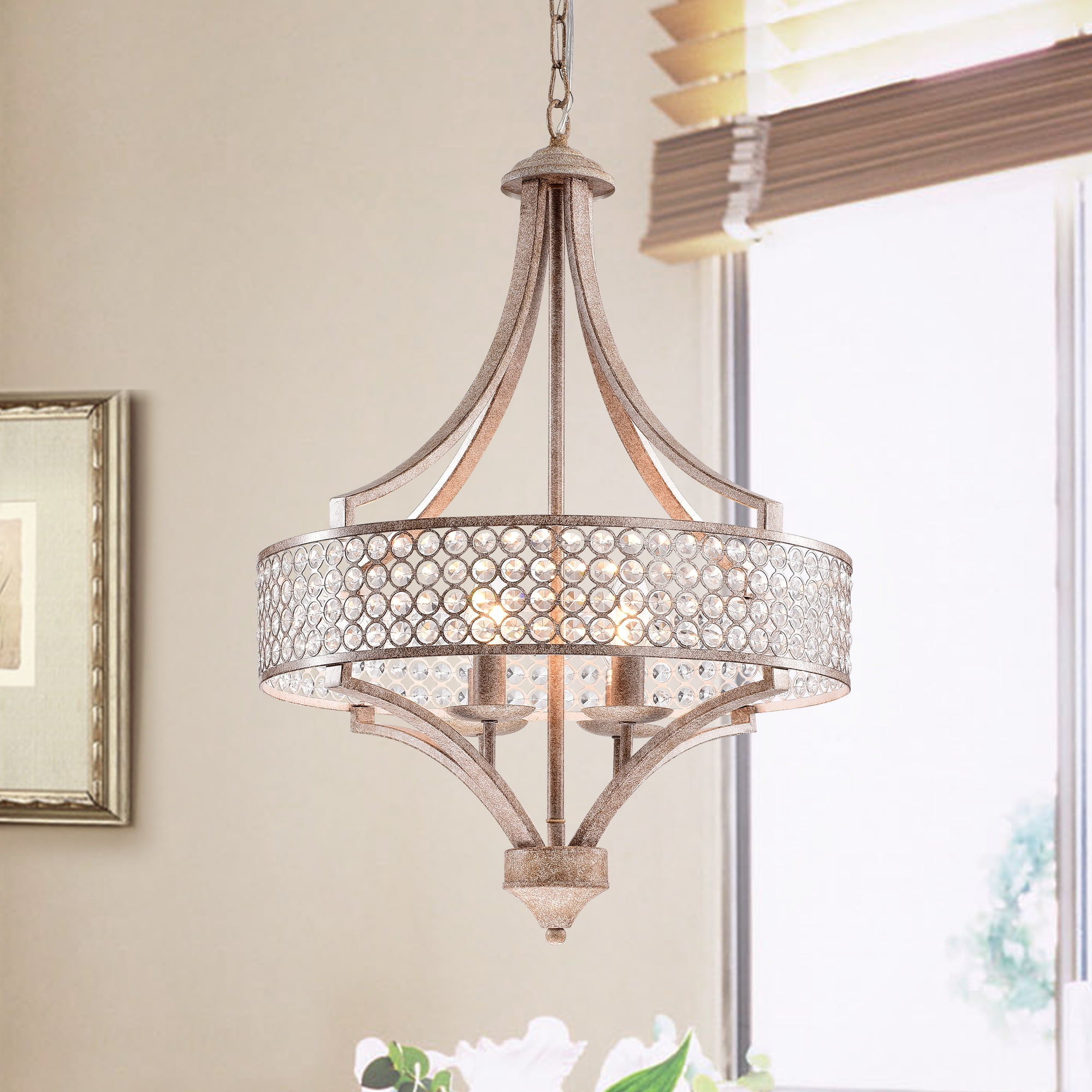 Fleuver Weathered Brown 4-Light Metal Chandelier with Crystal Shade