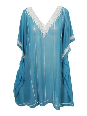 Mogul Blue Silver Georgette Beautiful White Sequin Work V-Neck Beach Swim Cover up Kaftan Tunic Dress One Size