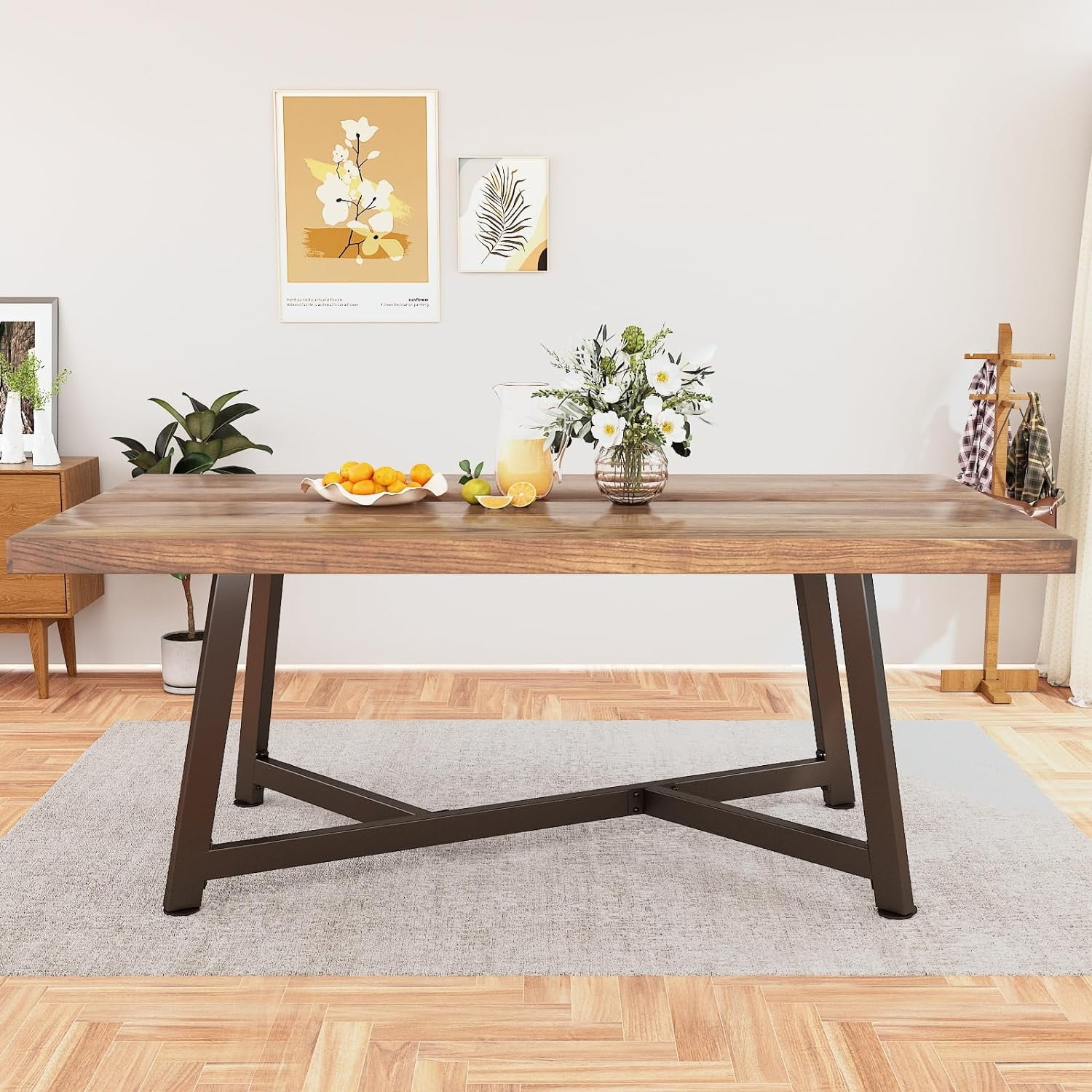 ChVans  72" Large Solid Wood Dinner Table for 4-8 Person, Modern Farmhouse Kitchen Table with Adjustable Heavy Duty Metal Leg, Rectangular Dining Table for Gathering, Kitchen, Dining Living Room
