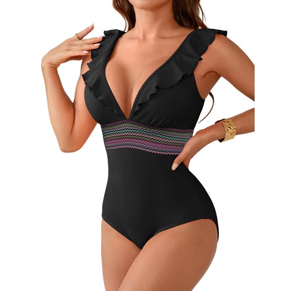 Charmo Women's Ruffle One Piece Swimsuit V Neck Bathing Suits Ladies Sexy Monokini Swimwear