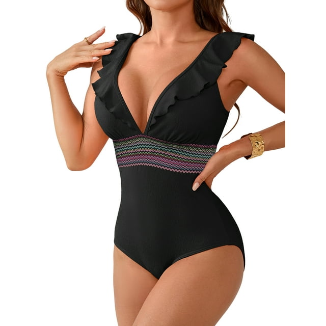 Charmo Women's Ruffle One Piece Swimsuit V Neck Bathing Suits Ladies Sexy Monokini Swimwear