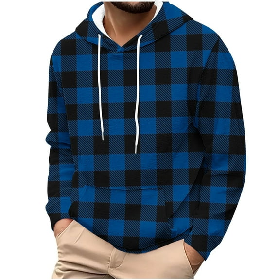 Lorytime Winter Hoodies for Men Plaid Fleece Streetwear Sweatshirt Long Sleeve Drawstring Pullover with Pocket Tops Blue 3XL