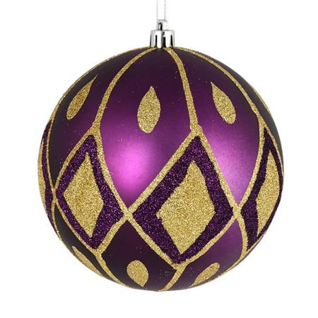 Christmas Bulb Pattern Vickerman N188026D 4 in. Plum Matte Ball Ornament with Glitter Diamond Pattern 4 per Pack ()