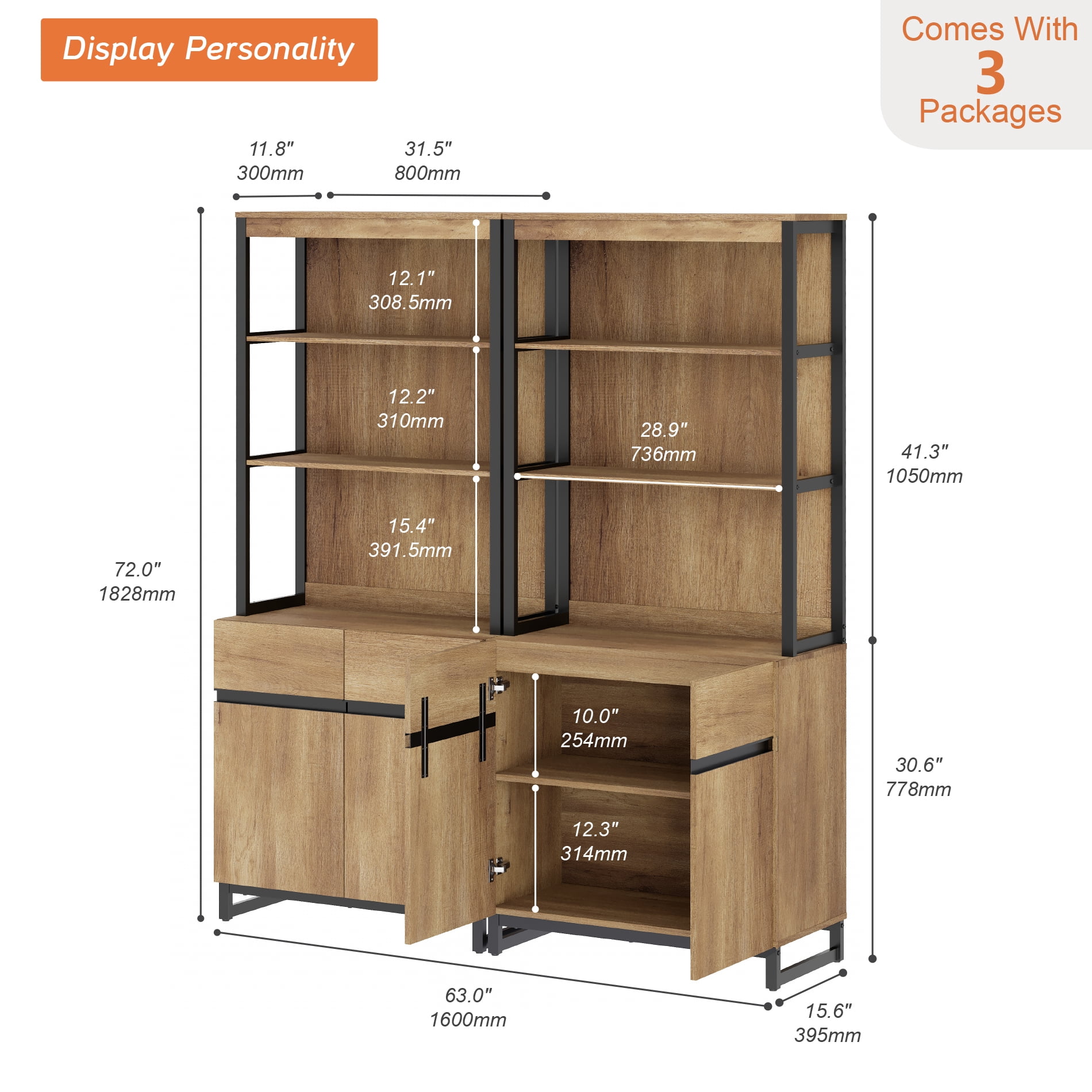 2 PCS Modern 72 Inch Tall Bookcases with Metal Base, Freestanding Library Book Shelf Set with Adjustable Shelves, Closed Storage Cabinet and Open Shelves for Home Office, Living Room