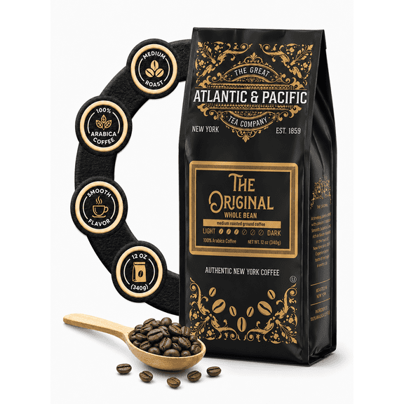 A&P The Original Medium Roast Whole Bean Coffee, 12 oz, 1 Pack, 100% Arabica, Classic Blend for Everyday Brewing