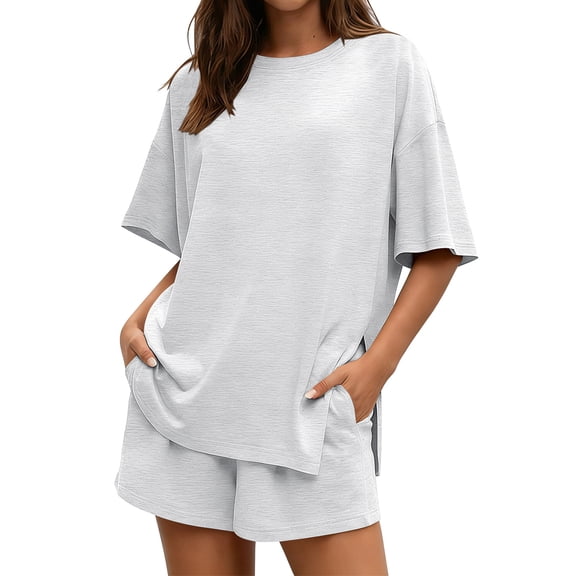 TEMOFON Womens Lounge Sets Summer Crewneck Short Sleeve Oversized Tshirts Loose Drawstring Shorts Comfy 2 Piece Sets L
