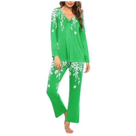 Pajama Sets 2 Pcs Lounge Set For Women Long Sleeve Pajama Pants Set Wih Pockets Sleepwear Green XL