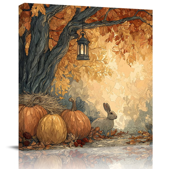 Wall Art Prints, Orange Pumpkins Fall Framed Canvas Prints for Bedroom Living Room Bathroom Office, Maple Tree Rabbit Vintage Forest Autumn Gallery Wrap Wall Art Poster for Gifts Home Decor 28"x28"