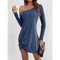 thumbnail image 4 of Womens One Shoulder Tunic Long Sleeve Solid Twist Hem Mini Dress Dressy Casual Loose Spring Summer Dress Blue XL, 4 of 9